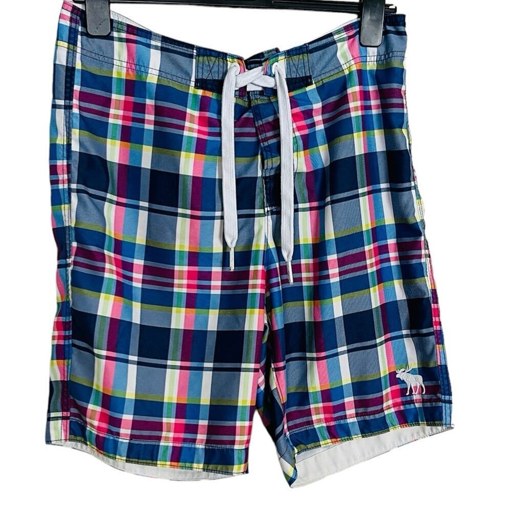 Abercrombie & Fitch Plaid Board Swim Shorts 9” Blue Pink Size XL